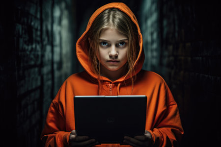 A young girl wearing an orange hoodie holding a laptop with a focused expression., Photo of girl wearing orange t shirt holding new computer, AI Generatedの素材