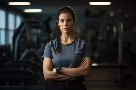 A confident woman stands with her arms crossed in a well-equipped gym., Photo of female Physical Therapist in office, AI Generatedの素材
