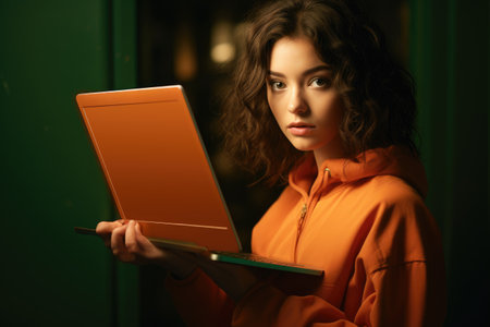 A woman holds a laptop computer in her hands., Photo of girl wearing orange t shirt holding new computer, AI Generatedの素材