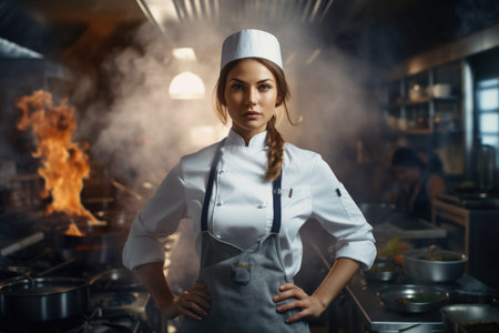 A woman wearing a chefs outfit stands in a kitchen, ready to prepare delicious meals., Photo of female chef in the restaurant, AI Generatedの素材