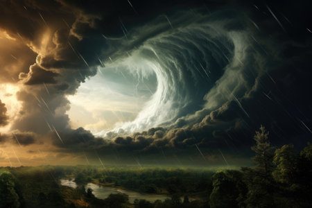 An awe-inspiring painting depicting a massive wave soaring through the sky., Photo illustration of a dramatic storm tornado vortex in nature, AI Generatedの素材