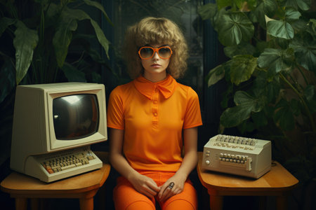 A woman sits intently in front of an old computer, fully absorbed in her work., Photo of girl wearing orange t shirt holding new computer, AI Generatedの素材