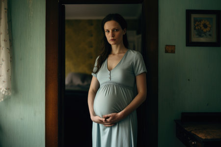 A photo of a pregnant woman confidently standing in a doorway., Photo of pregnant woman standing in a room of the house, AI Generatedの素材