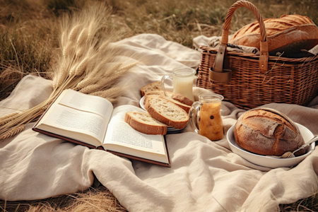 Enjoy a peaceful moment with a basket of bread, a glass of milk, and a book on a cozy blanket., Fresh organic berries in a basket on the grass, AI Generatedの素材