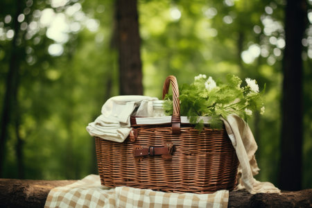A household wicker basket filled with a cloth and napkins, providing storage and organizational solutions., Picnic basket with a napkin on a nature background, AI Generatedの素材