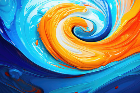 This image showcases a captivating abstract painting featuring alluring blue, orange, and white swirls, Picture a vivid whirlpool of orange and blue shades, AI Generatedの素材