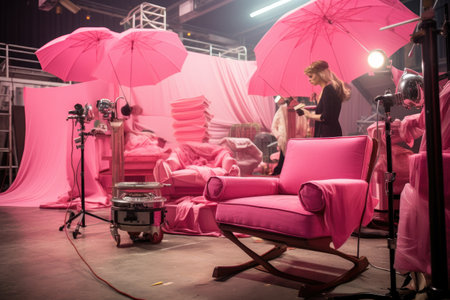 A stunningly vibrant room filled with pink chairs and umbrellas, creating a relaxing and enjoyable atmosphere, Pink film set, Film shooting, AI Generatedの素材