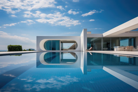 A large swimming pool is situated next to a grand white building, offering a refreshing spot for relaxation and enjoyment, Pool attached to the home with a clear sky, AI Generatedの素材