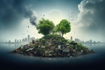 A small, tranquil island adorned with a lone tree, providing a peaceful retreat surrounded by still waters, Pollution of the environment, Concept of environmental pollution, AI Generatedの素材