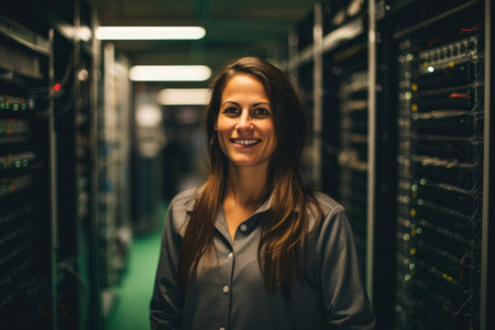 A woman stands in front of a row of servers, monitoring their performance and ensuring smooth functioning, Portrait of smiling female technician in server room, AI Generatedの素材