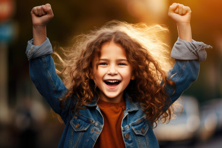 A young girl ecstatically raises her arms in the air, filled with joy and excitement, portrait of pretty young girl raise fists celebration, AI Generatedの素材