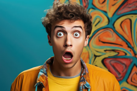 Startled Man Stares Wide-eyed, Filled With Surprise and Astonishment, portrait of young man in colorful clothes with big eyes and open mouth expressing the emotion, AI Generatedの素材