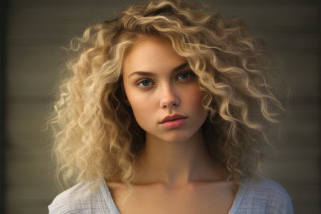 A detailed view of a womans face with blonde hair, Portrait of young woman with blonde natural curly hair, AI Generatedの素材