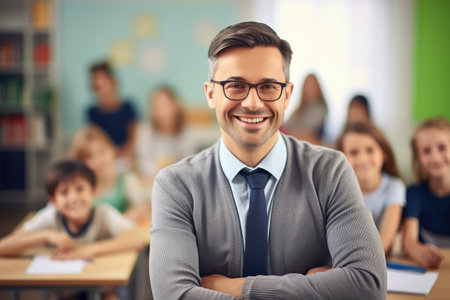 Foto de Man in Suit Standing in Front of Classroom Full of Children, Portrait of smiling teacher in a class at elementary school looking at camera, AI Generated - Imagen libre de derechos