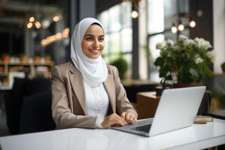 A woman sits at a desk, engrossed in her laptop, focused on her work, Portrait of successful Muslim businesswoman inside office with laptop, AI Generatedの素材