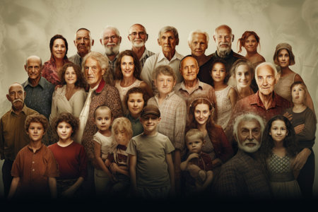 A diverse assembly of individuals gathered together, standing side by side in a crowded space, Portraits of people of many generations as a panorama, AI Generatedの素材