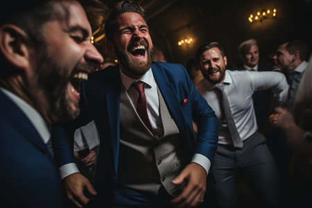 A group of men in formal attire, wearing suits and ties, enjoy a moment of laughter and camaraderie, Portraits of guests dancing and laughing at a wedding reception, AI Generatedの素材