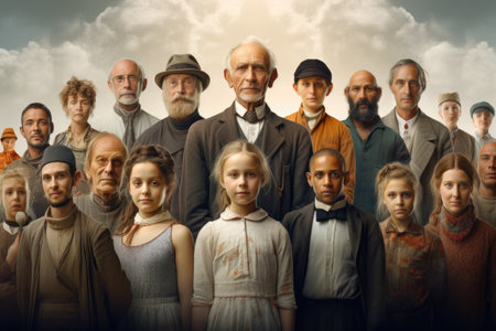 A diverse group of individuals smiling and posing for a photo while standing closely together in a vibrant park setting, Portraits of people of many generations as a panorama, AI Generatedの素材