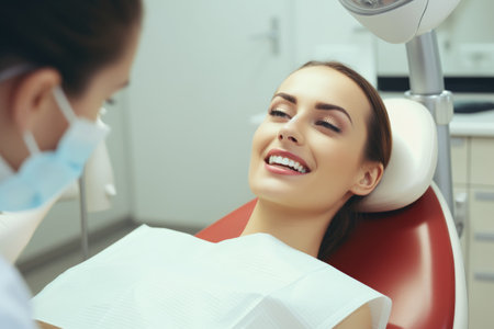 A woman sits in a dentist chair, smiling happily as she receives dental care, Pretty woman's teeth treatment in dental clinic, AI Generatedの素材