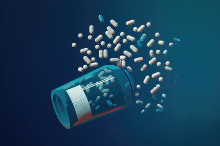 Pill bottle spills cause medication pollution as pills sink into the ocean, Prescription opioids, with bottle of many pills on the mirror light table, AI Generatedの素材