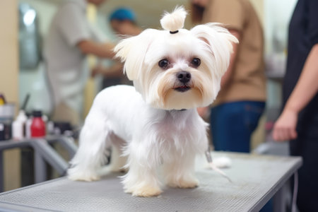 A small white dog stands confidently on top of a table, Professional groomer gives cute little dog trendy haircut at zoo salon, AI Generatedの素材