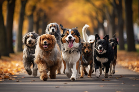 A lively group of dogs joyfully sprinting down a street, filled with energy and excitement, Professional Dog Walkers, Dog Walking Business, Services, AI Generatedの素材