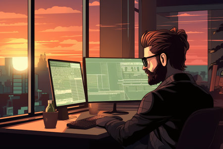 A man sitting at a computer desk in front of a window, creating a productive and calm work environment, Programmer working in a software developing company, AI Generatedの素材