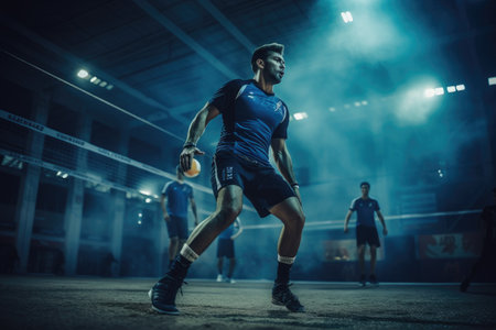 A man wearing a blue uniform showcases his athleticism by confidently holding a ball, Professional volleyball players in action on the night court, AI Generatedの素材