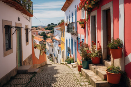 A charming cobblestone street adorned with a variety of potted plants, offering a picturesque and inviting scene, Quaint houses and narrow streets of a Portuguese village, AI Generatedの素材