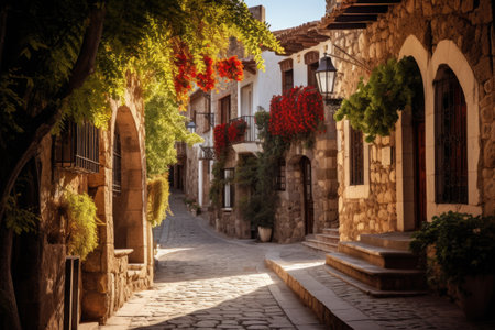 Explore the charming ambiance of a historic cobblestone street enclosed by elegant stone buildings, Quaint cobblestone street in a historic town, AI Generatedの素材