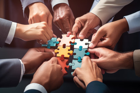 Group of People Assembling a Puzzle Together, Puzzle, business hands and group of people for solution, teamwork and goals, AI Generatedの素材