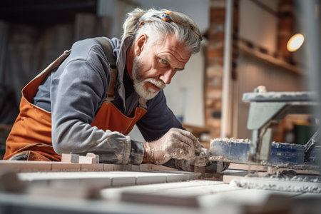 A skilled carpenter expertly works with a piece of wood in a workshop, showcasing craftsmanship and creativity, Professional tiler and ceramic tiles worker on construction site, AI Generatedの素材