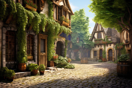 A beautiful painting depicting a charming cobblestone street in a quaint European village, Quaint cobblestone street in a historic town, AI Generatedの素材