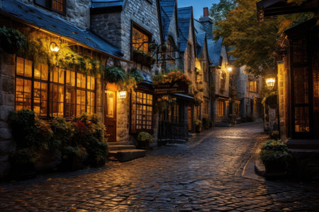 A captivating night scene of a cobblestone street washed in the warm glow of streetlights, Quaint cobblestone street in a historic town, AI Generatedの素材