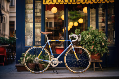 A lone bike parked against a lamppost outside a bustling restaurant on a street corner, Racing bicycle leaning outside of a French cafe, AI Generatedの素材