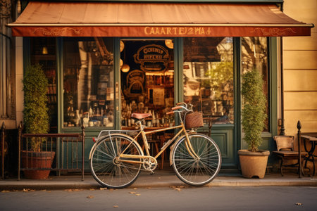 A bicycle parked in front of a bustling cafe, offering a perfect blend of convenience and relaxation, Racing bicycle leaning outside of a French cafe, AI Generatedの素材
