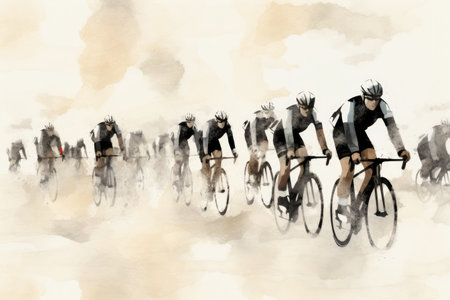 A colorful painting depicting a lively group of people enjoying a bike ride together, Racing cyclists crop of bicycle, AI Generatedの素材