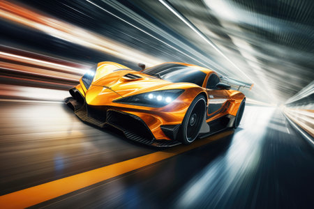 Witness the breathtaking sight of an orange sports car speeding through a tunnel with sheer power and adrenaline, Racing car at high speed, Racer on a racing car passes the track, AI Generatedの素材