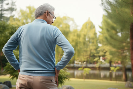 A man stands confidently in a park, his hands resting on his hips, Rear view shot of an elderly man with back pain and visible cervical spine, AI Generatedの素材