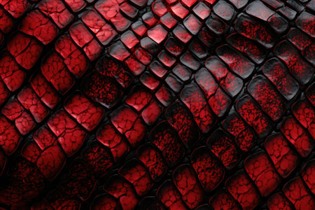 A vibrant red and black snake skin background that adds a touch of sophistication to any design, Red and black exotic snake skin pattern, AI Generatedの素材