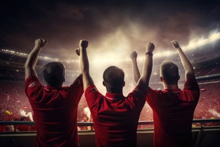 Two energetic boys wearing red shirts enthusiastically raise their hands together, Rear view of cheering football fans in stadium, AI Generatedの素材