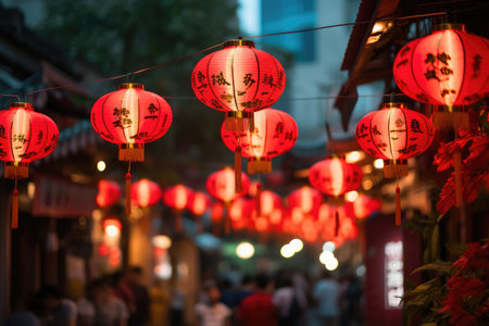 A vibrant display of red lanterns strung up above a lively street bustling with activity, Red lanterns adorning Bangkok for Chinese New Year, AI Generatedの素材