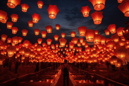 Spectacular Display of Numerous Red Lanterns Floating in the Air, Red lanterns illuminate the Chinese Lunar New Year festival in Thailand, AI Generatedの素材