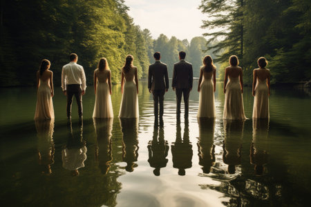 A group of people standing atop a serene lake, enjoying the view and the tranquility, Reflection of a wedding party in a serene lake, AI Generatedの素材