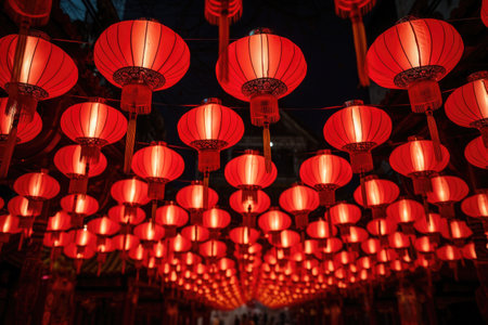 A mesmerizing sight of numerous red lanterns suspended from the ceiling, creating a beautiful ambiance, Red lanterns illuminate the Chinese Lunar New Year festival in Thailand, AI Generatedの素材