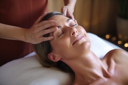 A woman enjoys a soothing facial massage at a spa, experiencing ultimate relaxation and rejuvenation, Relaxed middle aged woman enjoying acupressure head massage at luxury spa salon, AI Generatedの素材