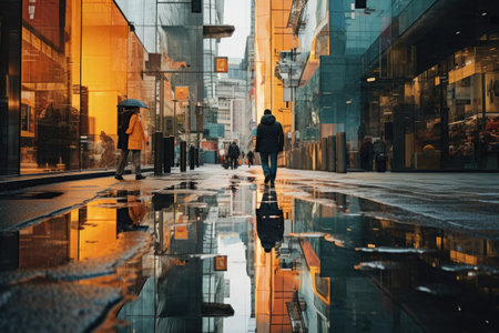 A man walks down a city street, surrounded by towering buildings, reflections in the city, AI Generatedの素材