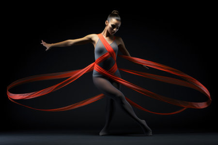 A woman, wearing a leotard and adorned with a red ribbon, showcases a vibrant dance performance costume or exercise apparel, Rhythmic gymnast with ribbon in mid-pose, AI Generatedの素材
