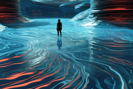 A person peacefully stands in the middle of a body of water, surrounded by the calming expanse, Ripples on a virtual reality water pool, AI Generatedの素材