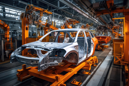 Witness the systematic assembly of a car as it goes through the production line at a manufacturing facility, Robotic assembly line in an automotive factory, AI Generatedの素材